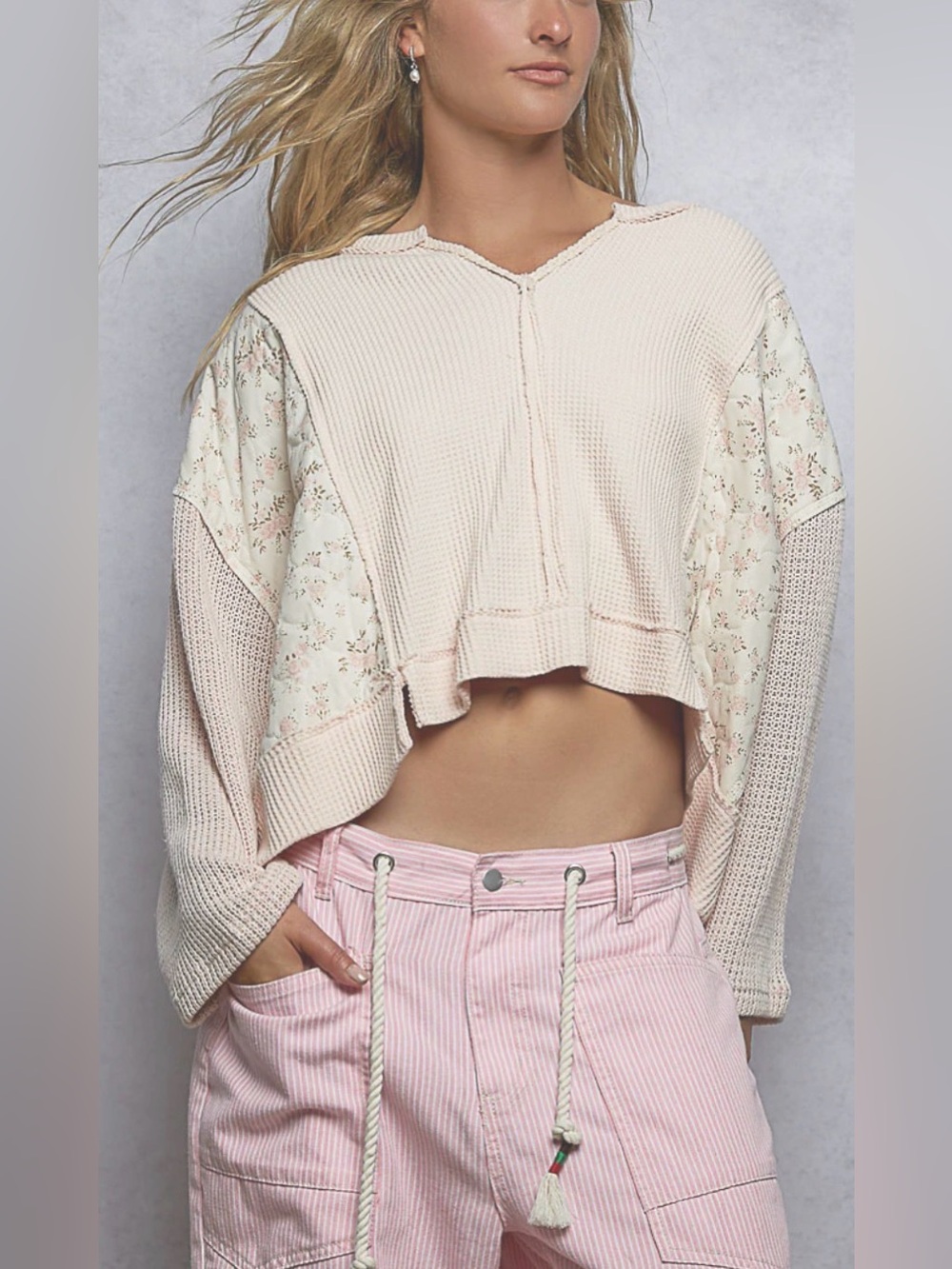 188🌟 POL Mix n Match Quilted Floral and Thermal Knit
Top in Blush
